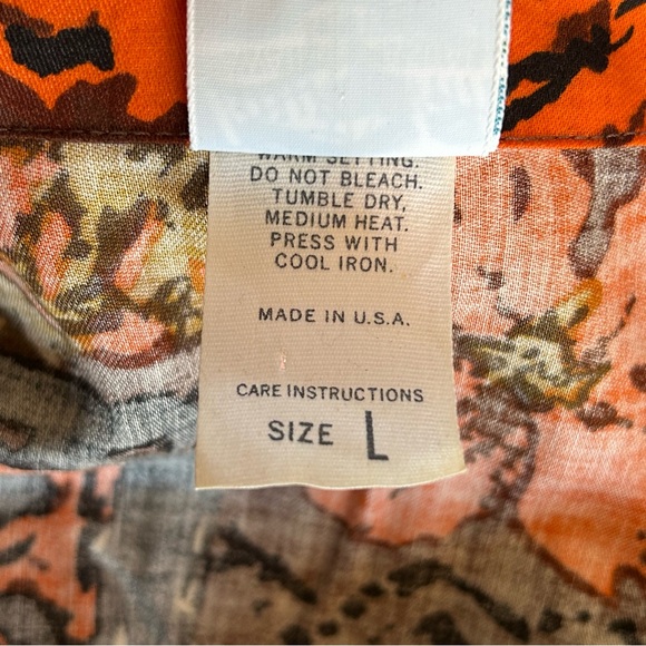 80s Hawaiian Tropical Button Up Aloha Shirt Flower Tribal Vintage Orange Large - Picture 7 of 7